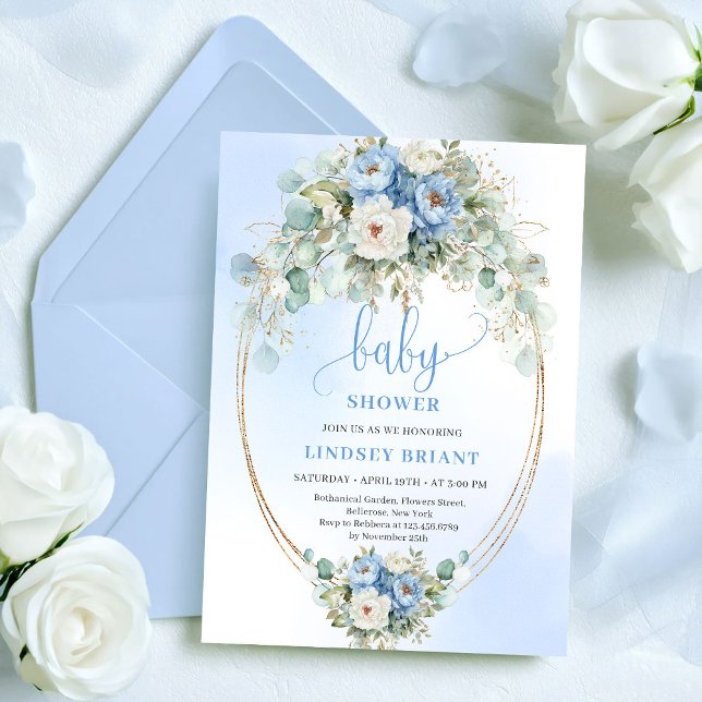 Classic Boho Pastel Blue Flowers Baby Shower Gold Einladung (Classic Pastel Blue Flowers Baby Shower Gold Invitation)
