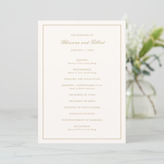 Classic Border Ivory and Gold Timeless Wedding Programm (Stehend Vorderseite)
