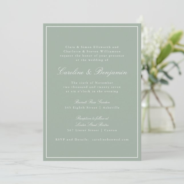 Classic Border Script Elegant Wedding Sage RSVP Einladung (Stehend Vorderseite)