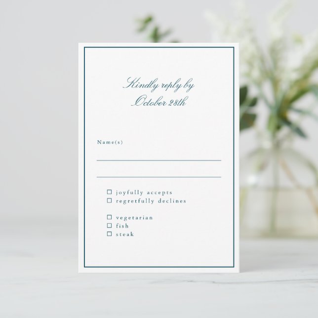 Classic Border Teal Elegant Wedding Meal Choice RSVP Karte (Stehend Vorderseite)