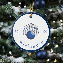 Classic Bowling Design Buttone & Ball Name & Year Keramik Ornament