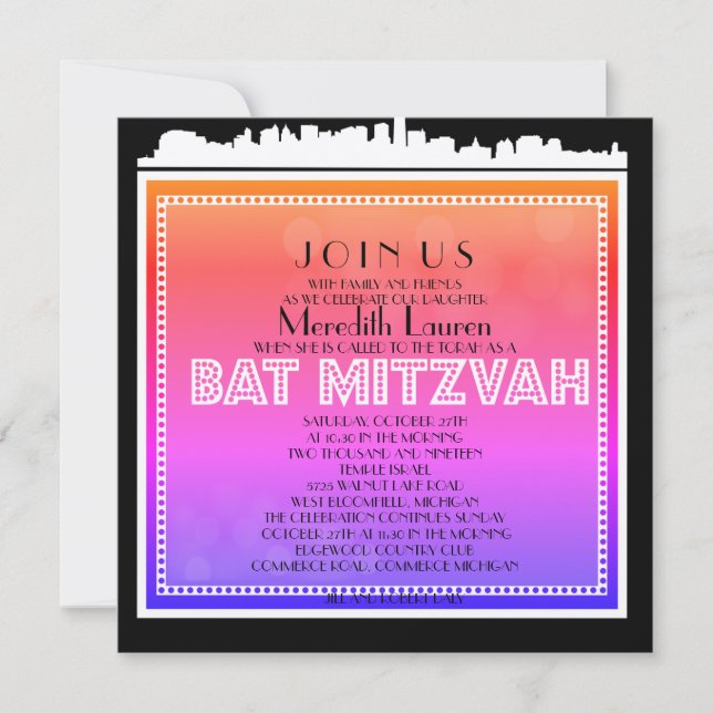 CLASSIC BROADWAY Bat Mitzvah Einladung Regenbogen (Vorderseite)