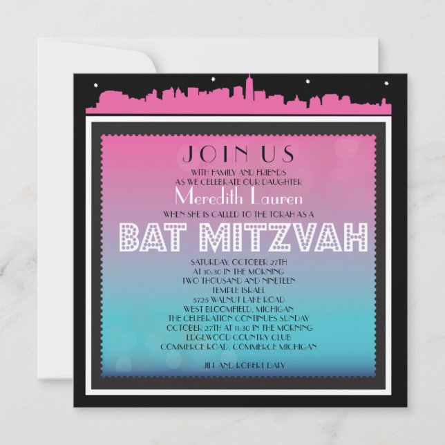 CLASSIC BROADWAY Bat Mitzvah Einladung Regenbogen1 (Vorderseite)