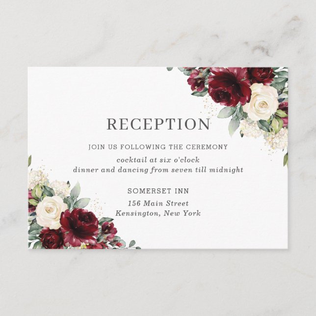 Classic Burgund Ivory Floral Wedding Reception Begleitkarte (Vorderseite)