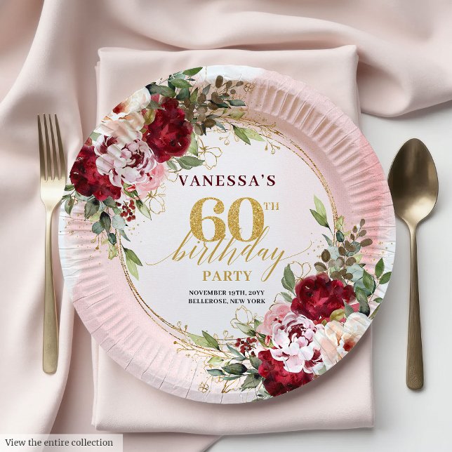 Classic Burgundy Blush Floral 60th Birthday Plates Pappteller (Classic Burgundy Blush Floral 60th Birthday Plates)