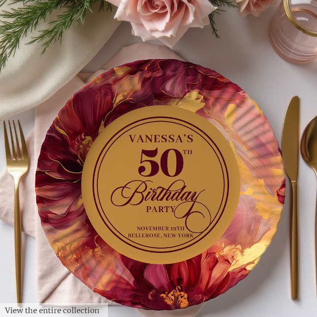 Classic Burgundy Blush Gold Blume 50. Geburtstag Pappteller (Classic Burgundy Blush Gold Flowers 50th Birthday Paper Plates)