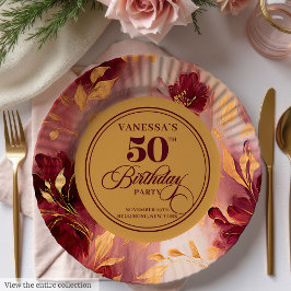 Classic Burgundy Blush Gold Blume 50. Geburtstag Pappteller