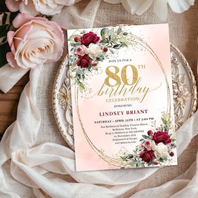 Classic Burgundy Boho Floral 80th Birthday Invite Einladung (Classic Burgundy Boho Floral 80th Birthday Invite)