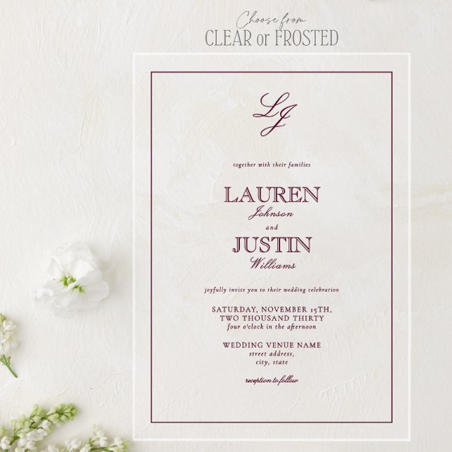 Classic Burgundy Calligraphy Monogram Wedding Acryleinladungen (Von Creator hochgeladen)