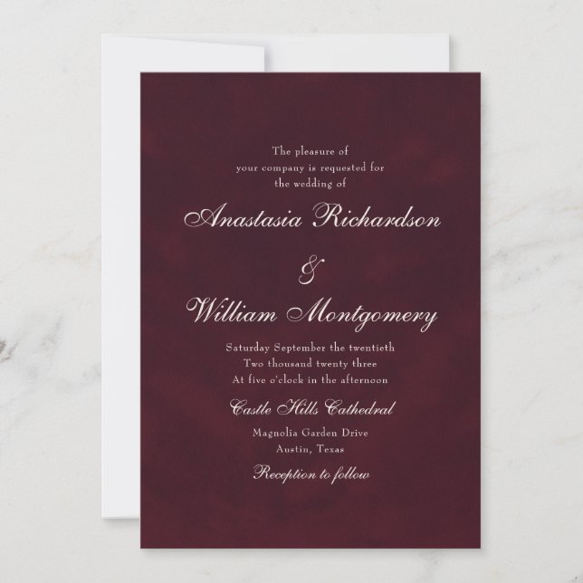 Classic Burgundy Deep Traditional Script Wedding Einladung (Vorderseite)