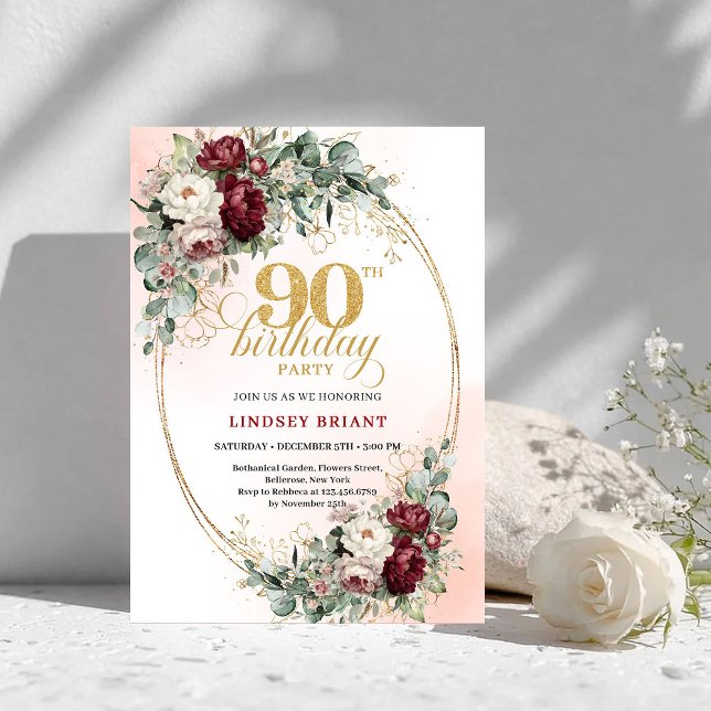 Classic Burgundy Floral Gold 90th Birthday Invite Einladung (Classic Burgundy Floral Gold 90th Birthday Invitation)