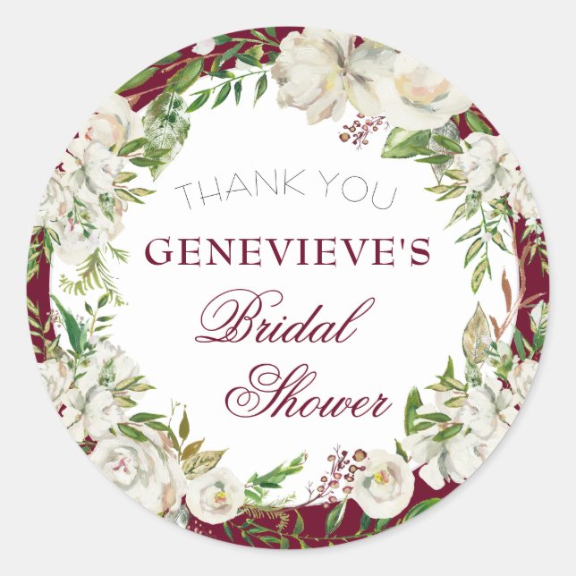 Classic Burgundy Floral Gold Brautparty Danke Runder Aufkleber (Vorderseite)