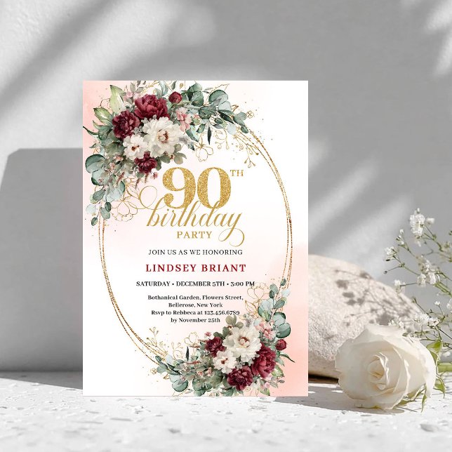 Classic Burgundy Flowers Gold 90th Birthday Invite Einladung (Classic Burgundy Flowers Gold 90th Birthday Invitation)