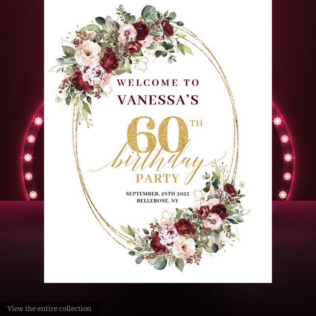Classic Burgundy Gold Floral 60th Birthday Banner Wandteppich (Classic Burgundy Gold Floral 60th Birthday Banner)