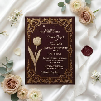Classic Burgundy Ivory Gold Baroque Tulips Wedding Einladung