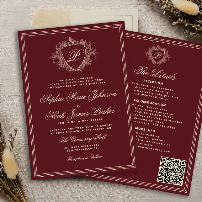Classic burgundy QR code formal monogram wedding  Einladung (Von Creator hochgeladen)