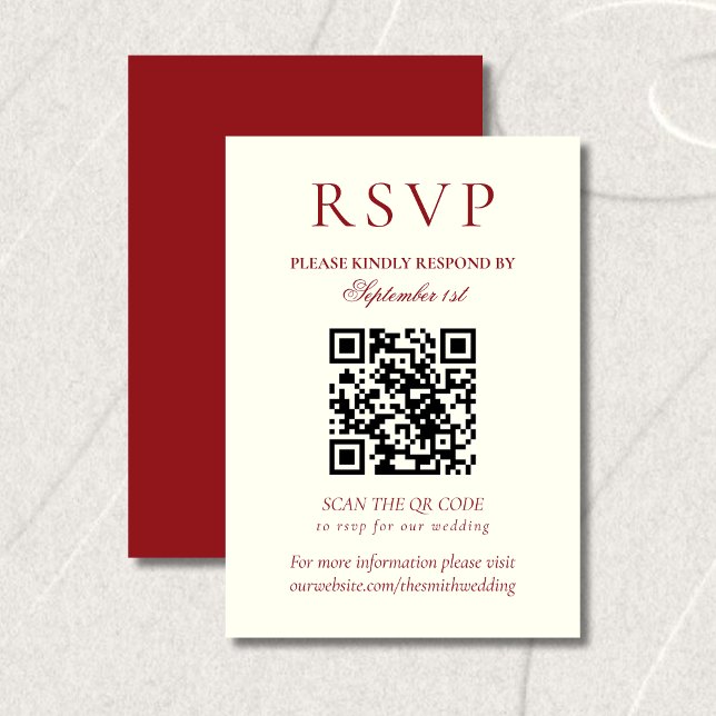 Classic Burgundy Red Minimalist Wedding QR Code RSVP Karte (Classic Burgundy Red Minimalist Wedding QR Code RSVP Card)