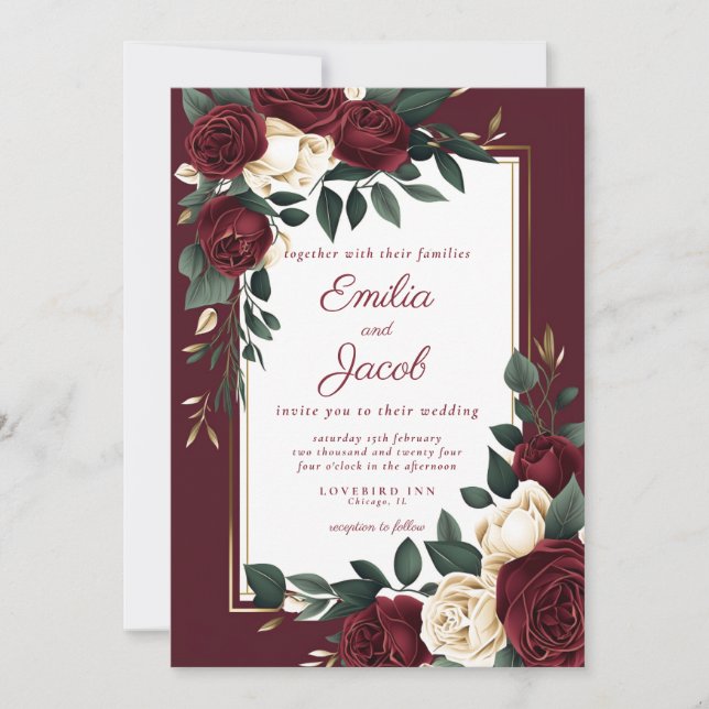 Classic Burgundy White Rose Floral Gold Wedding I Einladung (Vorderseite)