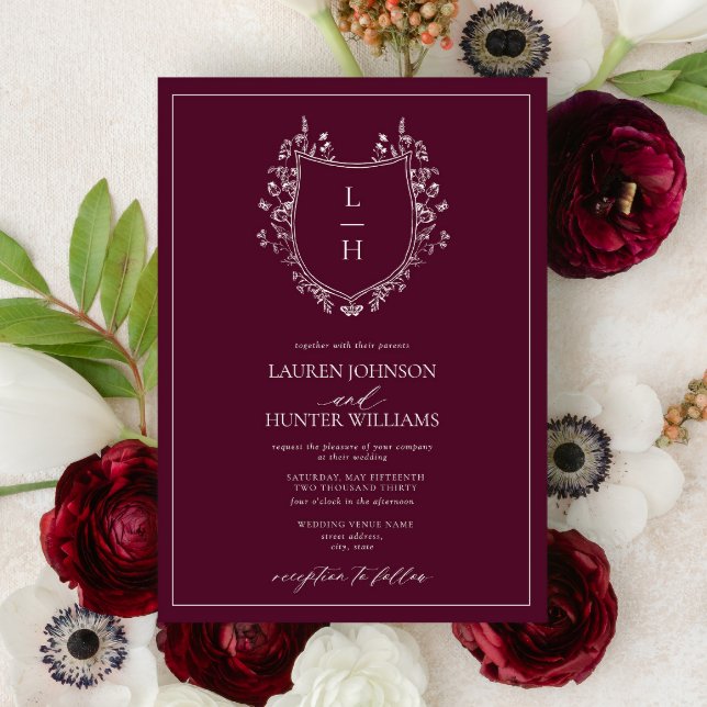 Classic Burgundy Wildblume Monogram Wappen Wedding Einladung (Von Creator hochgeladen)