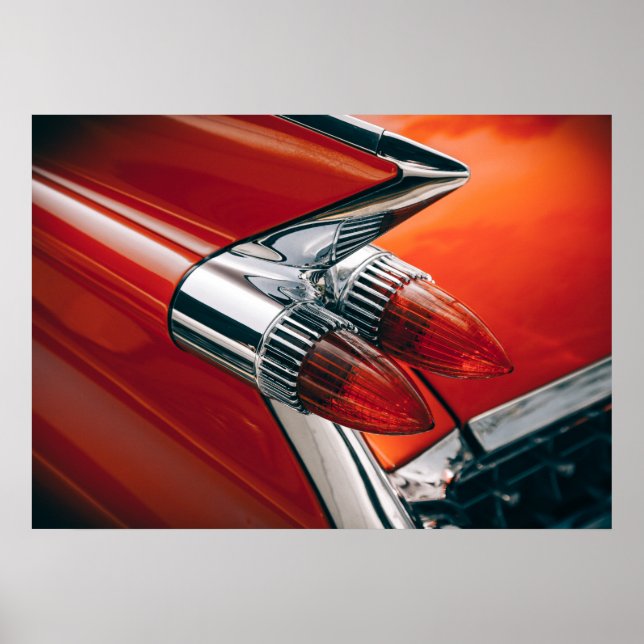 Classic Cadillac Tail Fin Auto Red Car Poster Art (Devant)