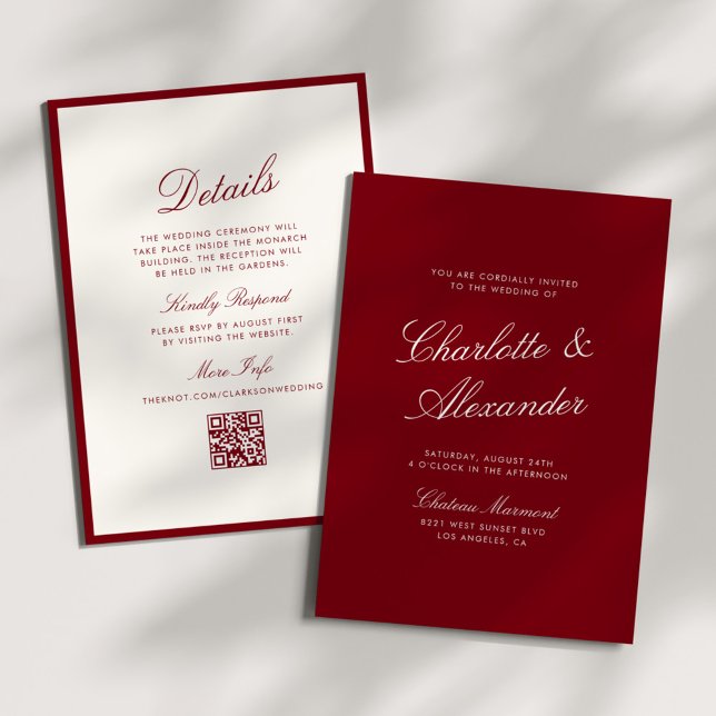Classic Calligraphy Deep Red Old Money Wedding Einladung (Von Creator hochgeladen)