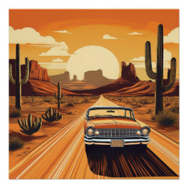 Classic Car Wüste Sonnenuntergang - Vintager Ausfl Poster