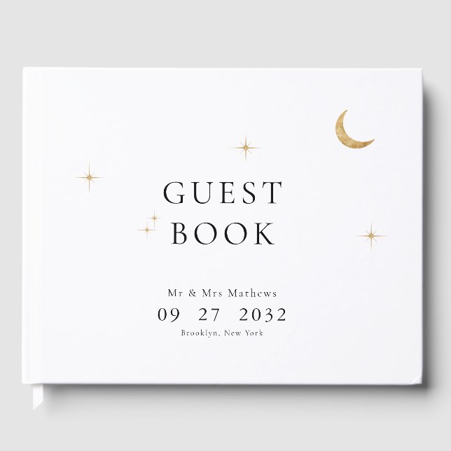 Classic Celestial Gold Moon Stars Hochzeit Gästebuch (Vorderseite)