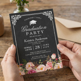 Classic Chalkboard Frame Floral Graduation Party Einladung