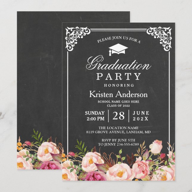 Classic Chalkboard Frame Floral Graduation Party Einladung (Vorne/Hinten)