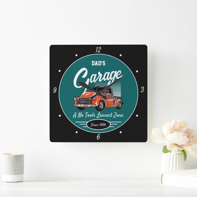 Classic Chevy Truck Garage Vater Name Aquamarin Bl Quadratische Wanduhr (Zuhause)