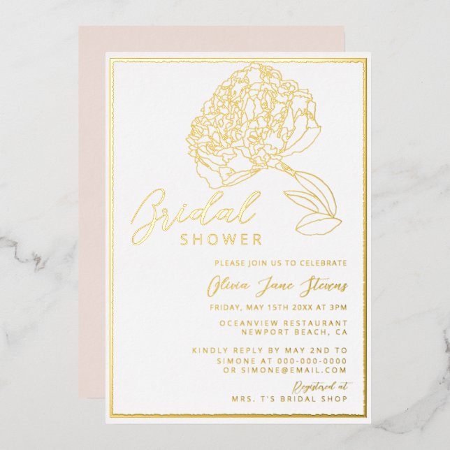 Classic Chic Gold Frame Peony Blush Brautparty Folieneinladung (Vorderseite/Rückseite)