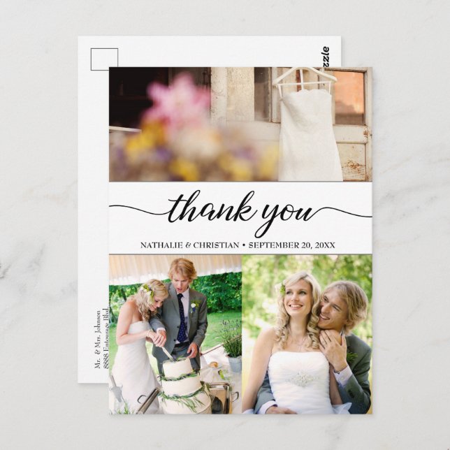 Classic Chic Wedding Fotos Danke, Script Postkarte (Vorne/Hinten)