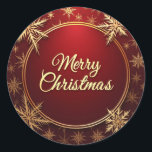 Classic Christmas Elegance Runder Aufkleber<br><div class="desc">Feiern Sie die Saison mit einer Touch von Eleganz. Dieses atemberaubende, kreisförmige Weihnachtsdesign besticht durch einen tiefen, roten Hintergrund mit zarten goldenen Schneeflocken und einer anmutigen "Fröhlichen Weihnachten"-Botschaft in klassischem Cursive. Ideal, um Rundschmuck, Urlaubskarten, Dekorationen oder Geschenkpackungen mit Wärme und Eleganz zu verbinden. Machen Sie Ihre Weihnachten mit diesem zeitlosen...</div>