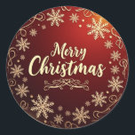 Classic Christmas Elegance Runder Aufkleber<br><div class="desc">Feiern Sie die Saison mit einer Touch von Eleganz. Dieses atemberaubende, kreisförmige Weihnachtsdesign besticht durch einen tiefen, roten Hintergrund mit zarten goldenen Schneeflocken und einer anmutigen "Fröhlichen Weihnachten"-Botschaft in klassischem Cursive. Ideal, um Rundschmuck, Urlaubskarten, Dekorationen oder Geschenkpackungen mit Wärme und Eleganz zu verbinden. Machen Sie Ihre Weihnachten mit diesem zeitlosen...</div>