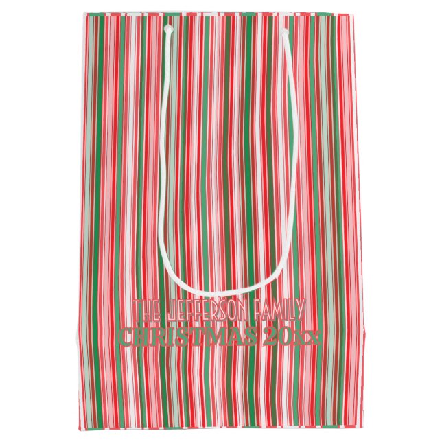 Classic Christmas Green Red Stripes  Mittlere Geschenktüte (Rückseite)