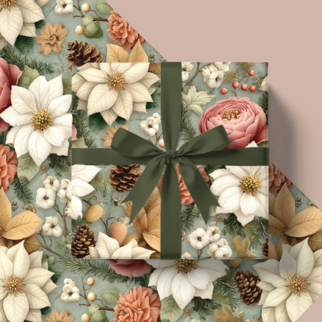 Classic Christmas Pink and Sage Green Floral Gift Geschenkpapier (Von Creator hochgeladen)