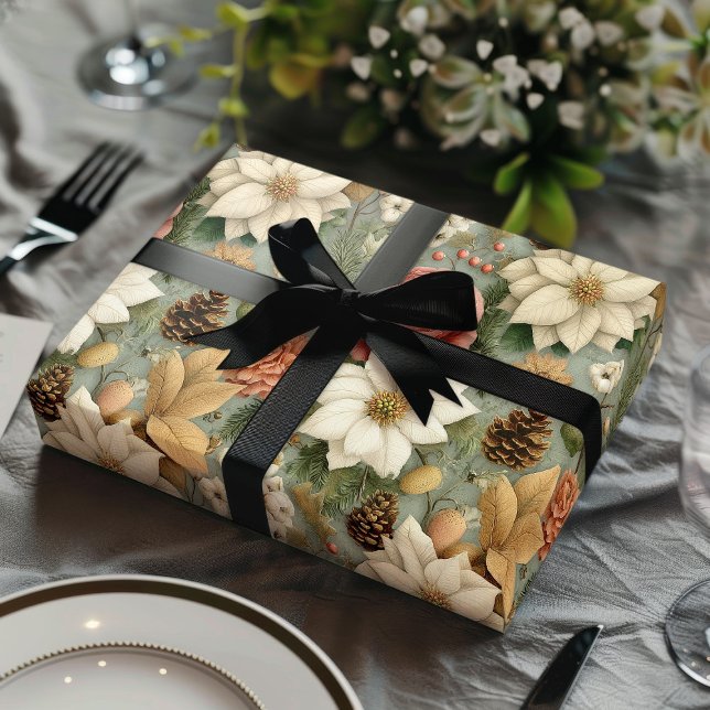 Classic Christmas Pink and Sage Green Floral Gift Geschenkpapier Set (Von Creator hochgeladen)