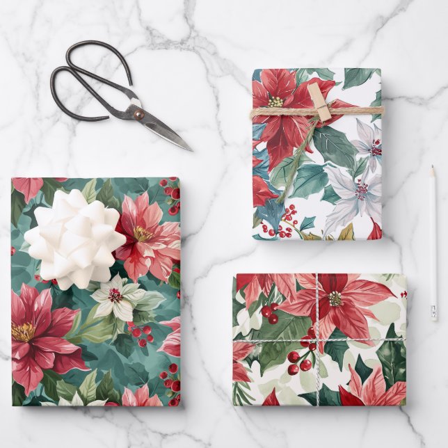 Classic Christmas Poinsettia Geschenkpapier Set (Vorderseite)