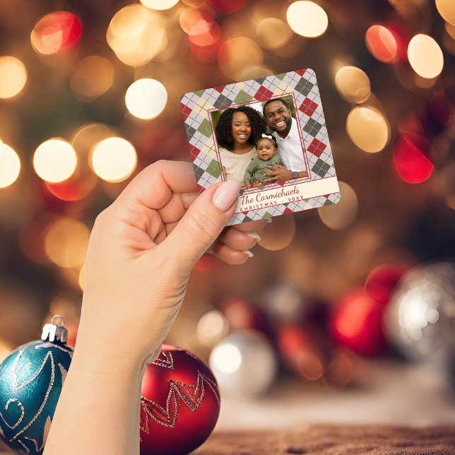Classic Christmas Raute Tinsel Holiday Foto Quadratischer Aufkleber (Classic Christmas Argyle Tinsel Holiday Photo Square Sticker)