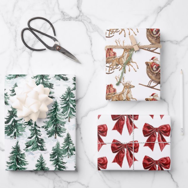 Classic Christmas Santa Sleigh Trees Red Bows Geschenkpapier Set (Vorderseite)