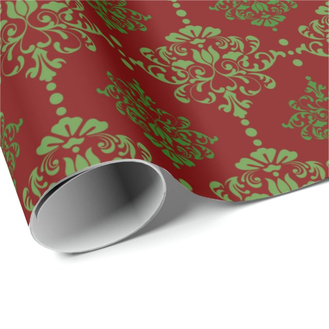 Classic Christmas Wrap Damask Red Green Geschenkpapier (Rolleneckpunkt)
