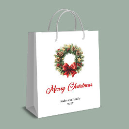 Classic Christmas wreath bag red green gold theme Mittlere Geschenktüte