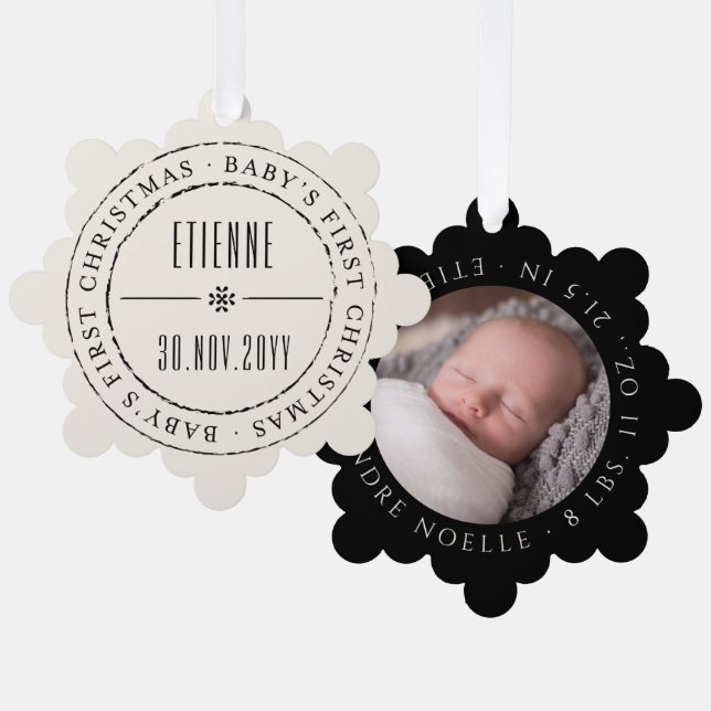 Classic Circle Siegel Baby's First Christmas Ornament Karte (Vorderseite/Rückseite)