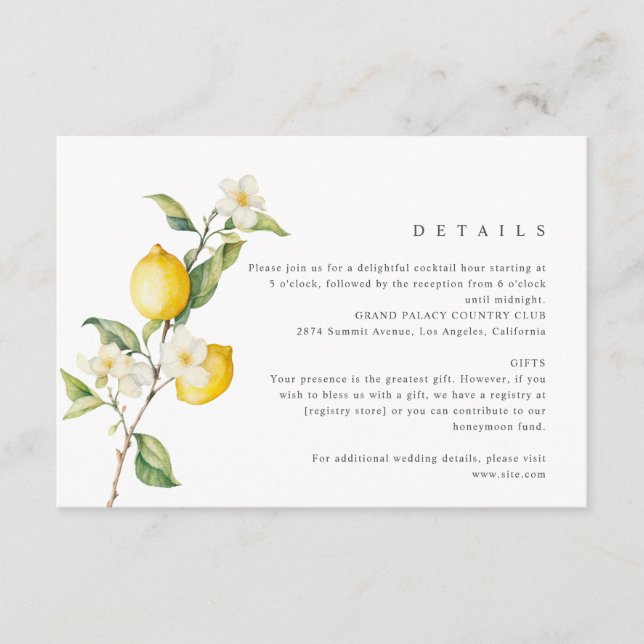 Classic Citrus Lemon Summer Wedding Begleitkarte (Vorderseite)