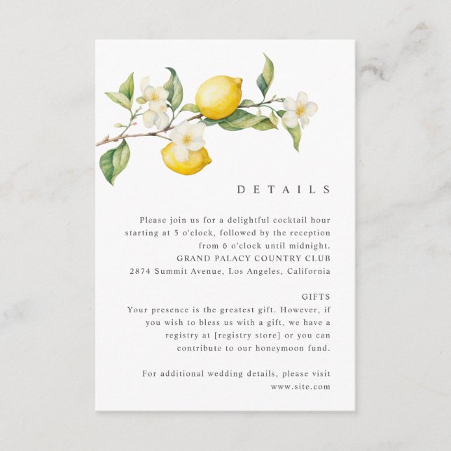 Classic Citrus Lemon Summer Wedding Enclosure Card Begleitkarte (Vorderseite)