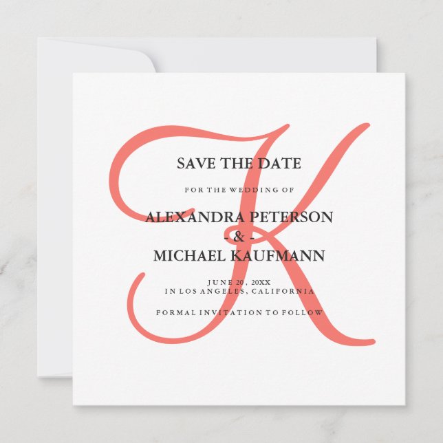 Classic Coral Monogram Save the Date (Vorderseite)