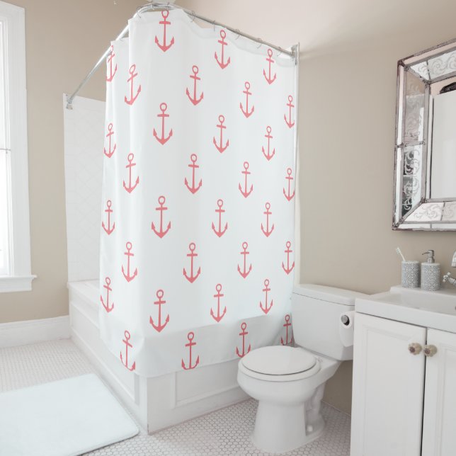Classic Coral Pink Nautical Anker auf Weiß Duschvorhang (Beispiel)