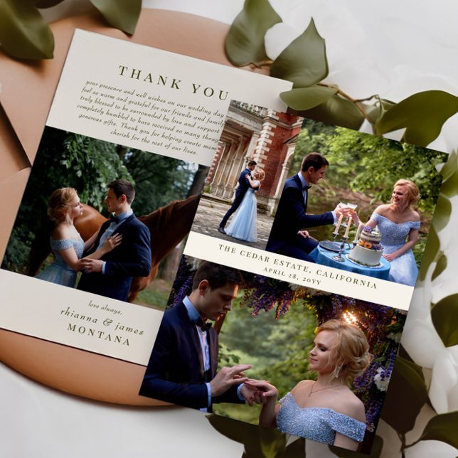 Classic Cream Olive Green Foto Collage Wedding Dankeskarte (Wedding photo thank you card from the Country Lake wedding collection by Darling & May)