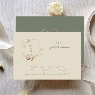 Classic Cream & Sage Monogram Gold Wappen Wedding RSVP Karte