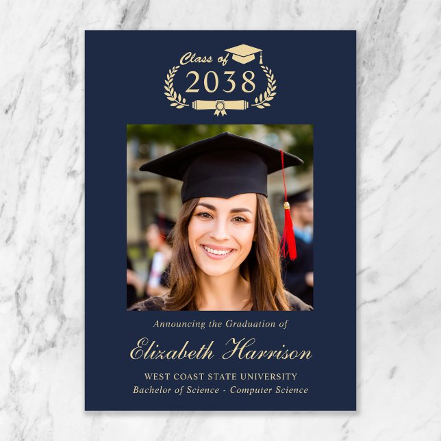 Classic Crest Blue Gold Photo College Graduation Ankündigung (Classic Crest Blue Gold Photo College Graduation Announcement)